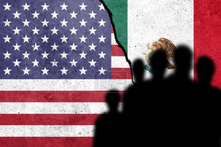 Drapeaux des États-Unis et du Mexique peints sur un mur de béton avec des ombres de migrants