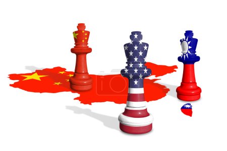 Ajedrez hecho de banderas de China, EE.UU. y Taiwán