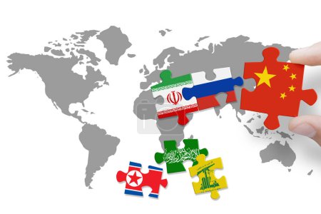 Puzzle made from flags of Iran, Russia, Nord Korea, Hamas, Hezbollah and China