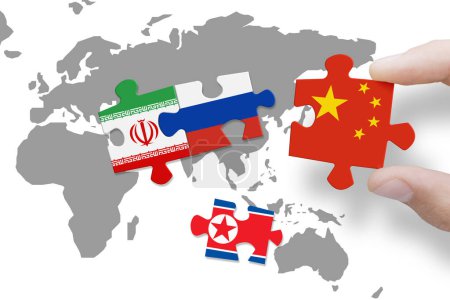 Puzzle aus Flaggen des Iran, Russlands, Nordkoreas und Chinas