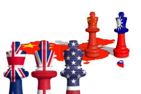 Échecs fabriqués à partir de drapeaux chinois et taïwanais. Aukus est un pacte de sécurité trilatéral entre l'Australie, le Royaume-Uni et les États-Unis.