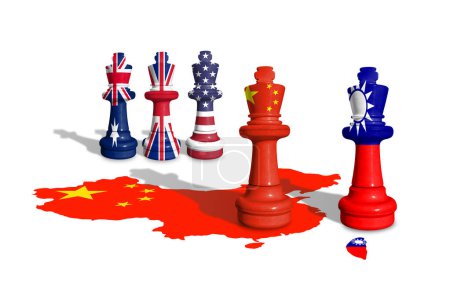 Chess made from China and Taiwan flags. Aukus is a trilateral security pact between Australia, the United Kingdom, and the United States