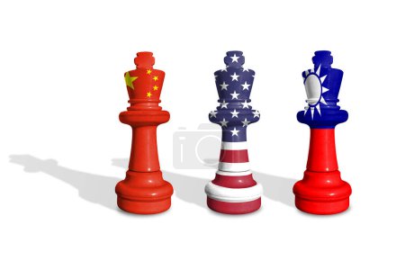 Schach aus China, USA und Taiwan Fahnen isoliert auf weißem Hintergrund