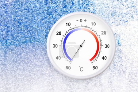 Celsius scale thermometer on a frozen window shows minus 49 degrees 