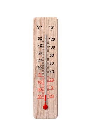 Wooden celsius and fahrenheit scale thermometer isolated on a white background. Ambient temperature minus 25 degrees