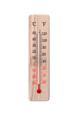 Wooden celsius and fahrenheit scale thermometer isolated on a white background. Ambient temperature minus 30 degrees