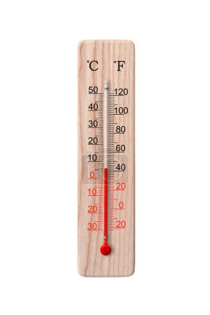 Wooden celsius and fahrenheit scale thermometer isolated on a white background. Ambient temperature plus 6 degrees