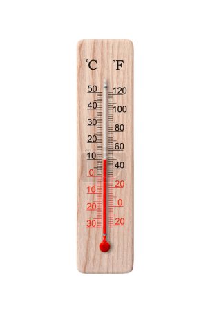 Photo for Wooden celsius and fahrenheit scale thermometer isolated on a white background. Ambient temperature plus 10 degrees - Royalty Free Image