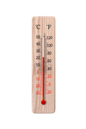 Photo for Wooden celsius and fahrenheit scale thermometer isolated on a white background. Ambient temperature plus 23 degrees - Royalty Free Image