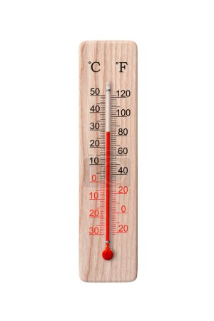 Wooden celsius and fahrenheit scale thermometer isolated on a white background. Ambient temperature plus 29 degrees