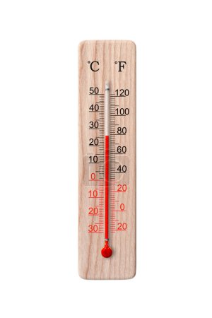 Photo for Wooden celsius and fahrenheit scale thermometer isolated on a white background. Ambient temperature 26 degrees - Royalty Free Image