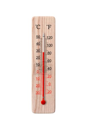 Photo for Wooden celsius and fahrenheit scale thermometer isolated on a white background. Ambient temperature plus 30 degrees - Royalty Free Image