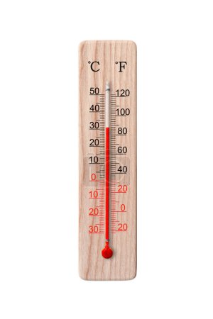 Photo for Wooden celsius and fahrenheit scale thermometer isolated on a white background. Ambient temperature plus 31 degrees - Royalty Free Image