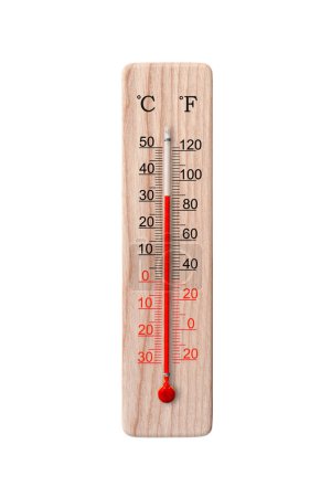 Photo for Wooden celsius and fahrenheit scale thermometer isolated on a white background. Ambient temperature plus 32 degrees - Royalty Free Image