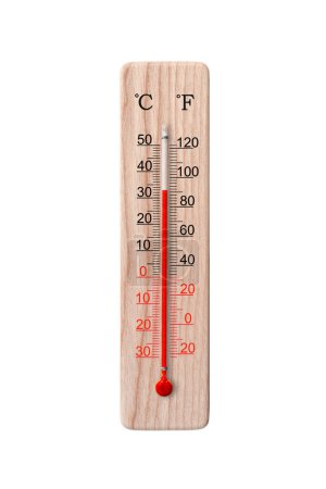 Photo for Wooden celsius and fahrenheit scale thermometer isolated on a white background. Ambient temperature plus 33 degrees - Royalty Free Image