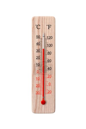 Wooden celsius and fahrenheit scale thermometer isolated on a white background. Ambient temperature 35 degrees