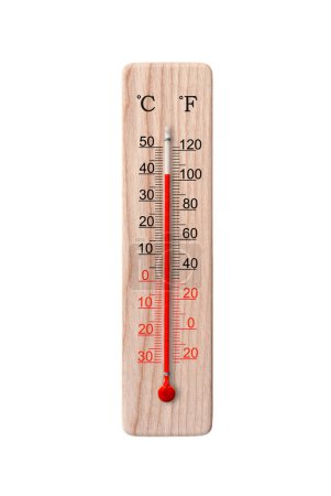 Photo for Wooden celsius and fahrenheit scale thermometer isolated on a white background. Ambient temperature plus 40 degrees - Royalty Free Image