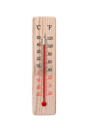 Photo for Wooden celsius and fahrenheit scale thermometer isolated on a white background. Ambient temperature plus 42 degrees - Royalty Free Image