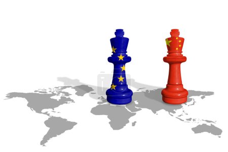 Schach aus EU- und China-Flaggen. Handel zwischen der Europäischen Union und China