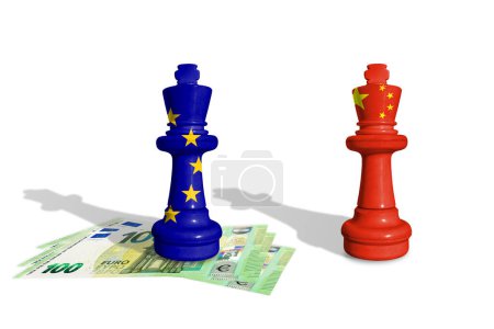 Ajedrez hecho de banderas de Europa y China. Comercio entre la Unión Europea y China
