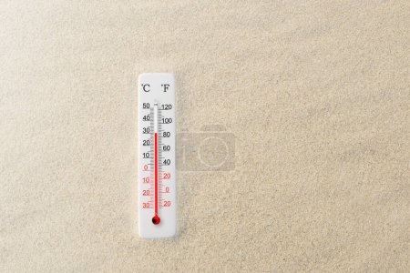 Celsius und Fahrenheit Thermometer im Sand. Umgebungstemperatur plus 30 Grad