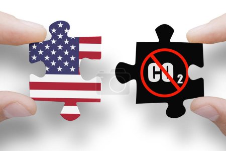 Puzzle made from United States of America flag and CO2 sign