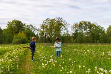 Un niño y una niña felices juegan alegremente en un prado verde con dientes de león, juguetean y corren. Estilo de vida activo, niños al aire libre 