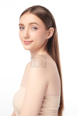 Photo for Beautiful young woman with clean fresh skin on white background, Face care, Facial treatment, Cosmetology, beauty and spa, women portrait. - Royalty Free Image