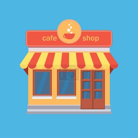 Téléchargez les photos : House online cafe shop store icon. Illustration of a cafe on a blue background. flat coffe or tea build. - en image libre de droit