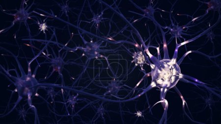 Konzept Neuronen verbinden. 3D rendern Neuronen im Gehirn. Nervenzellen senden elektrische und chemische Signale aus. Synapsenprozess im Nervensystem. Hirnnetzwerk, Neurotransmitter-Impulse.