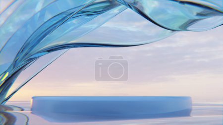 Foto de Fondo abstracto azul podio en el paisaje de la naturaleza. Cinta de vidrio brillante transparente en el agua. Onda curva holográfica en movimiento. Elemento de diseño iridiscente para fondo de banner, renderizado 3d - Imagen libre de derechos