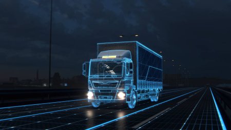 Technology Concept 3d render. Autonomic futuristic Euro semi truck with Cargo Trailer Drives at Night on Road with Sensors Scanning Surrounding. Special Effects of Self Driving Digitalizing Freeway
