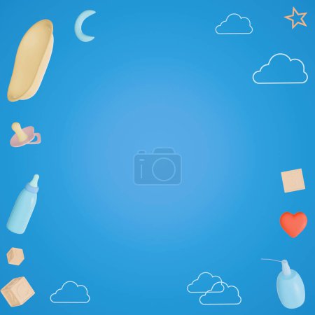 Cartoon style Baby yellow bath tub Surrounded by baby bottles, wooden toys cubes with letters and numbers, hearts, shampoo bottles, clouds and moon on a blue background. 3d render