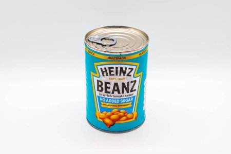 Photo for Wolverhampton, England - February 4 2023: A closeup of a UK can of Heinz baked beans isollated on a white background - Royalty Free Image
