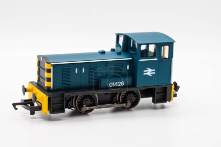 Photo for Stafforshire, UK - February 11 2023: Hornby small scale model diesel shunter locomotive. isolated on a white background - Royalty Free Image