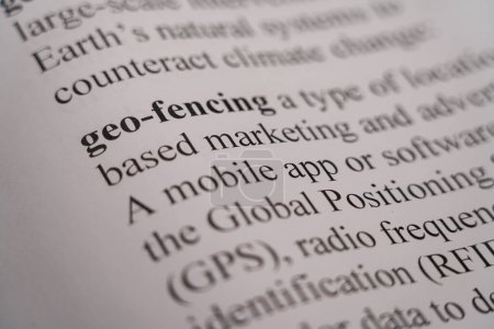 Photo for A closeup mockup of a dictionary of the word Geo-Fencing - Royalty Free Image