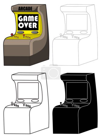 Photo for Various versions of a retro stand up arcade gaming machine, Silhouette, outline and colour - Royalty Free Image