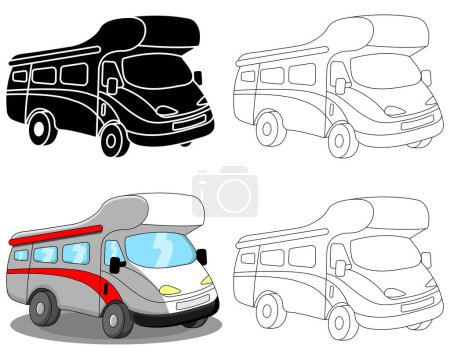 Motor home or campervan, silhouette knockout, black and white, cartoon and transparent versions