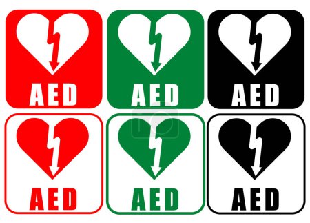 Medizinische AED-Symbole oder Grafiken mit roten, grünen und schwarzen Farbtönen, Herzinfarktgrafik 
