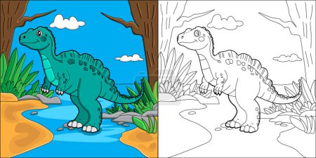 Photo for Cute cartoon dinosaur colouring page both outlined and coloured in versions - Royalty Free Image