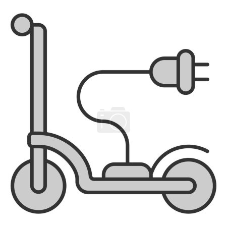 Téléchargez les photos : Scooter électrique et fiche sur fil pour brancher sur secteur avec courant - icône, illustration sur fond blanc, style gris - en image libre de droit