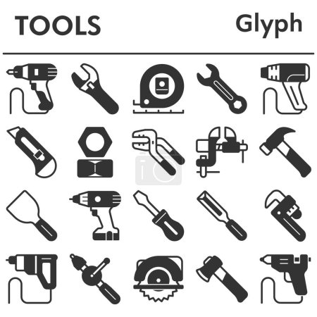 Set, Werkzeuge Icons Set - Icon, Illustration auf weißem Hintergrund, Glyphen-Stil
