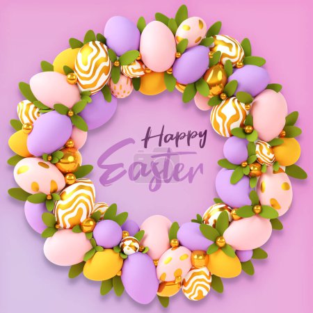 Foto de 3D render Wreath with easter eggs.Festive Happy Easter background. Festive design with realistic decorations . - Imagen libre de derechos