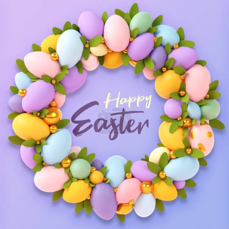 Foto de 3D render Wreath with easter eggs.Festive Happy Easter background. Festive design with realistic decorations . - Imagen libre de derechos