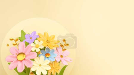 Fondo festivo 3D con un ramo de flores y hojas pastel. para el Día de la Madre o el Día de la Mujer