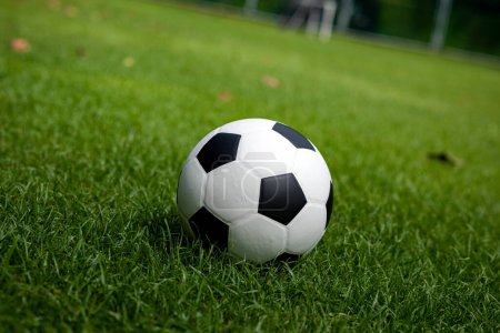 Klasyczna czarno-biała piłka nożna umieszczona na trawiastym boisku widząc bramkę i siatkę jako tło w godzinach popołudniowych, czekają na drużyny do treningu.
