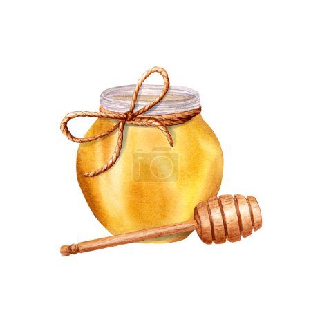 Honey jar and wooden honey stick composition. Hand drawn watercolor food illustration isolated on white background. For clip art, posters, label, sticker