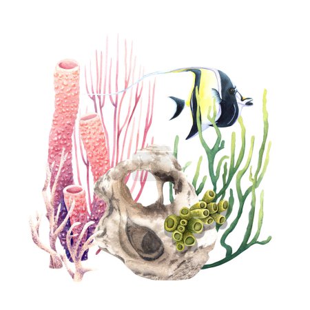 Farbenfrohe Korallenriffunterwasserkomposition mit exotischen Fischen. Handgezeichnete Aquarell-Illustration isoliert auf weißem Hintergrund. Für Clip Art, Karten, Dekor, Verpackung