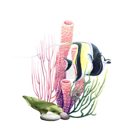 Colourful coral reef underwater composition with exotic fishe. Hand drawn watercolor illustration isolated on white background. For clip art, cards, decor, package, poster