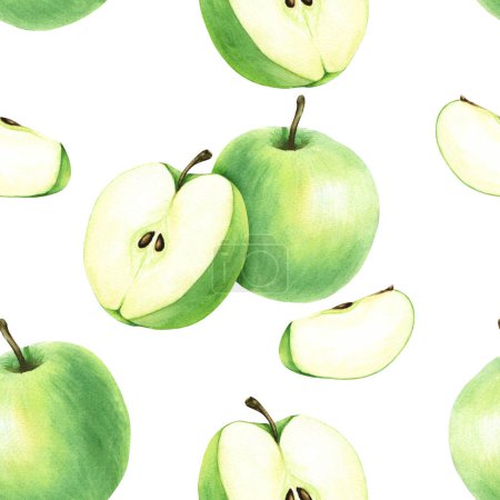 Foto de Patrón sin costura de acuarela con manzana de fruta verde. Ilustración de alimentos dibujados a mano aislados sobre fondo blanco. Para envolver, papel pintado, tela, textil - Imagen libre de derechos